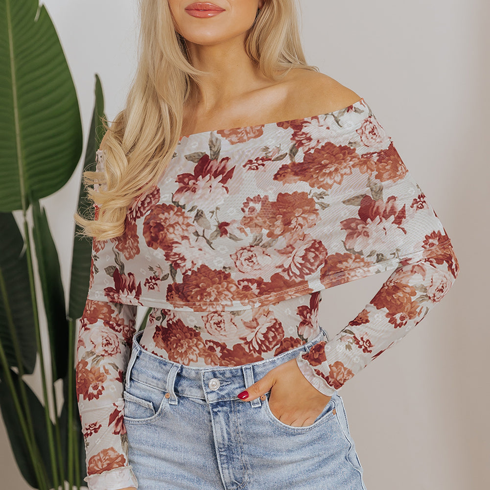 Pink Floral Printed Long Sleeve Sheath Bodysuit