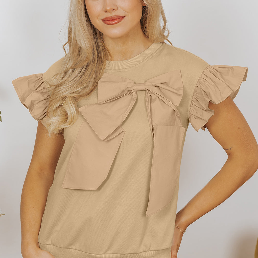 Parchment Two Tones Ribbon Bow Ruffle Sleeve Top