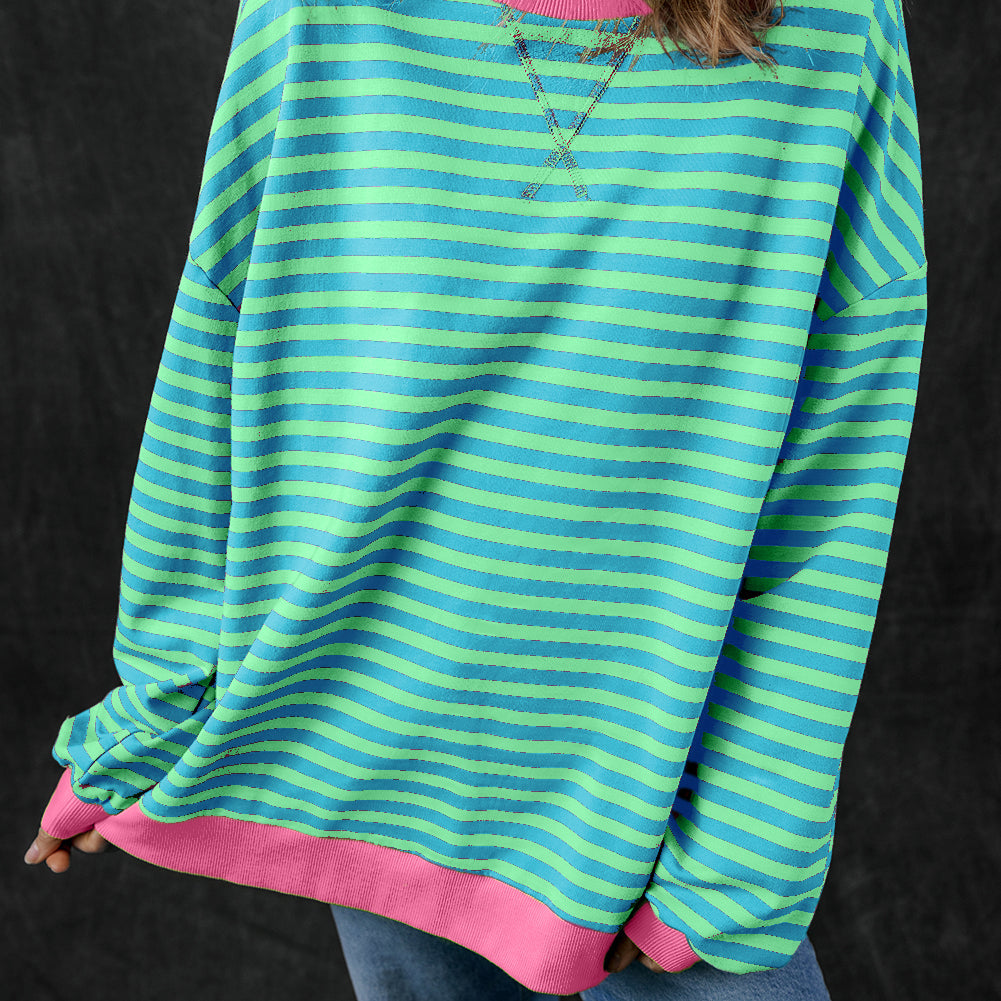 Sky Blue Stripe Oversized Contrast Trim Pullover Sweatshirt