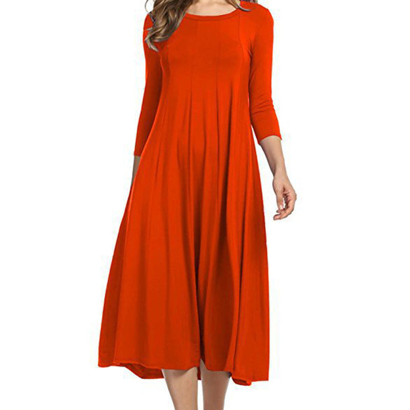 3/4 Sleeve Spring Crew neck Other Other Solid Polyester A-Line Dress Easy Care Knee Length Women