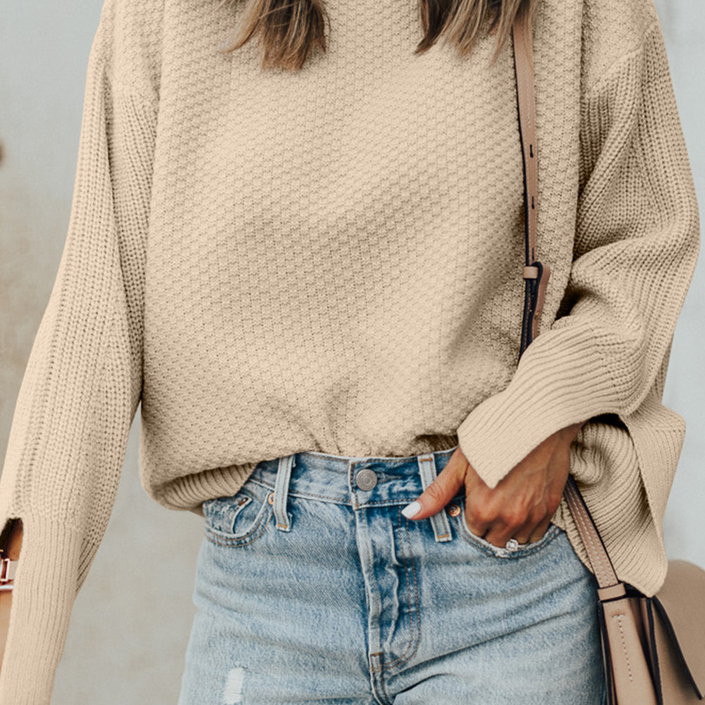 Parchment Solid Textured Knit Split Cuff Drop Shoulder Loose Sweater