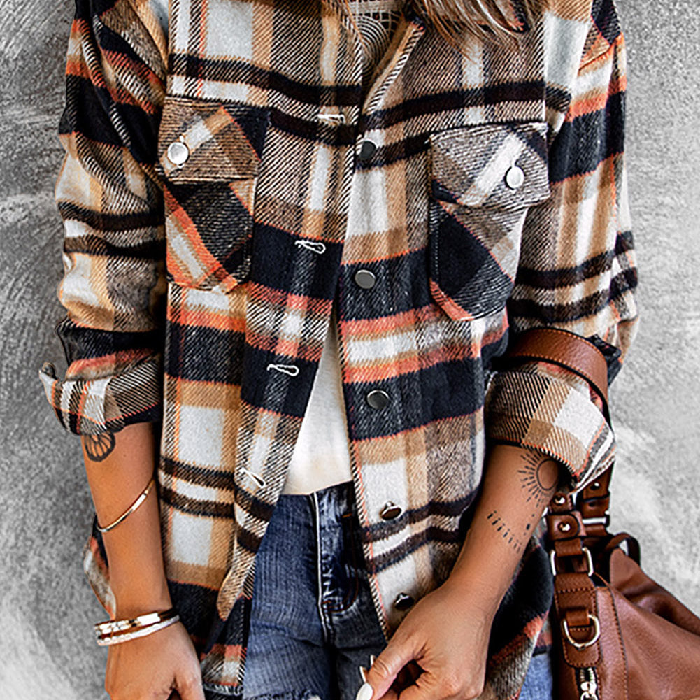 Fiery Red Geometric Plaid Print Pocketed Shacket