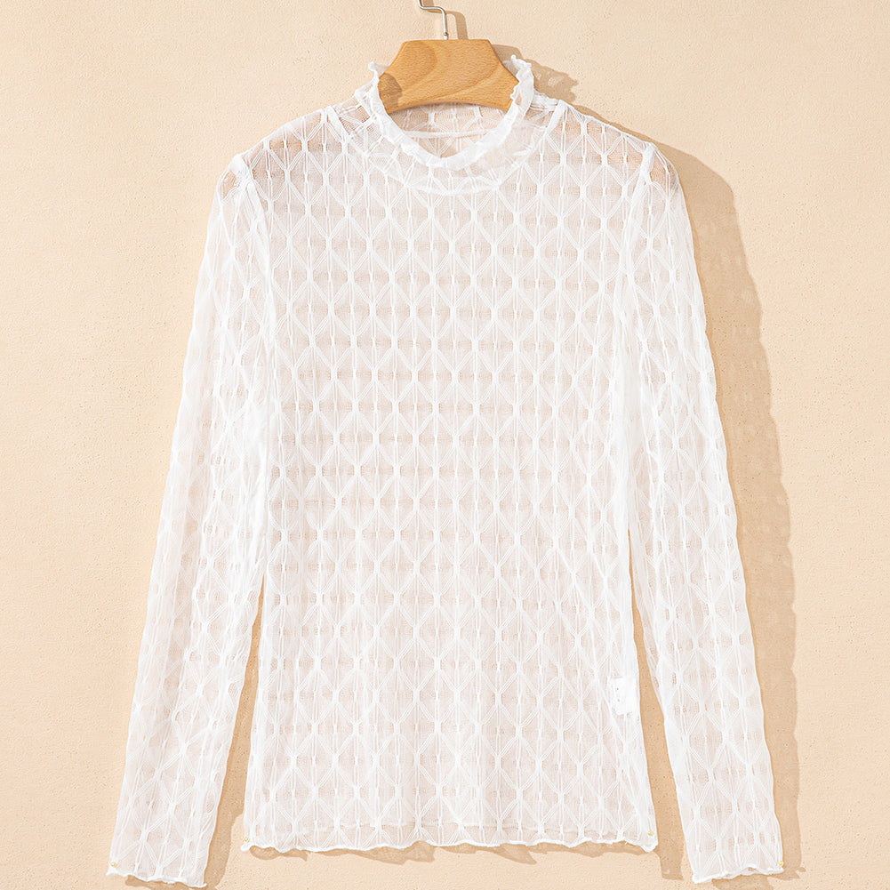 Beige Sheer Mesh Patterned Lettuce Trim Slim Long Sleeve Top