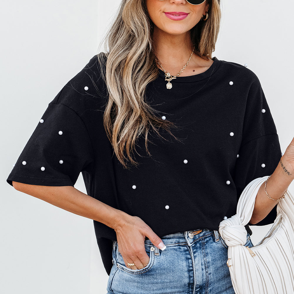 Black Pearl Beaded Drop Shoulder Crewneck T Shirt