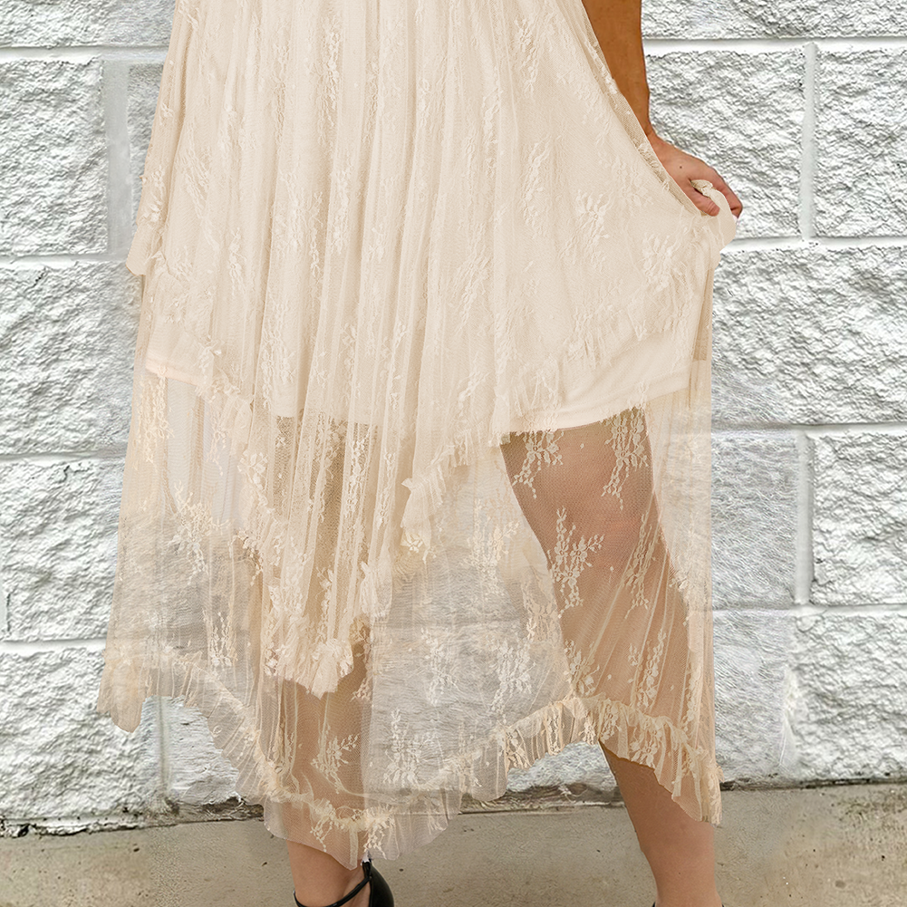 Apricot Lace Cascading Tiered High Waist Maxi Skirt