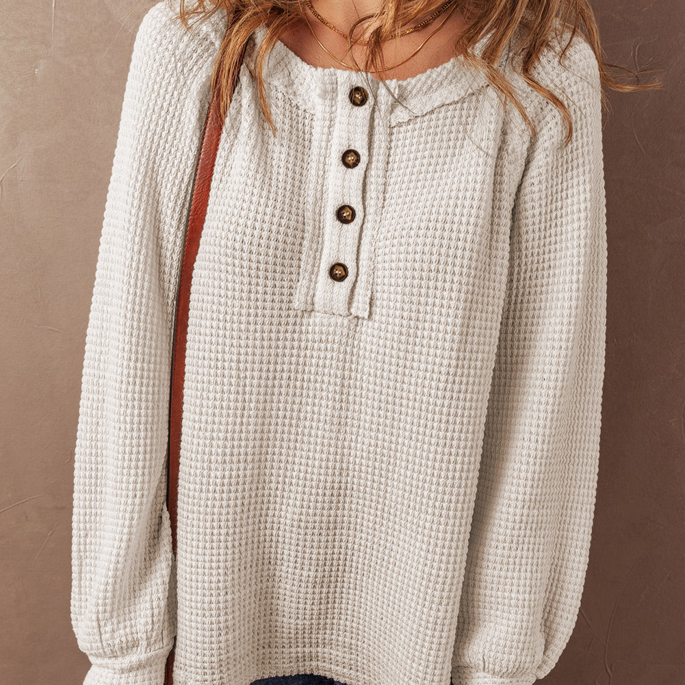 Oatmeal Waffle Knit Buttoned Front Raglan Sleeve Loose Blouse