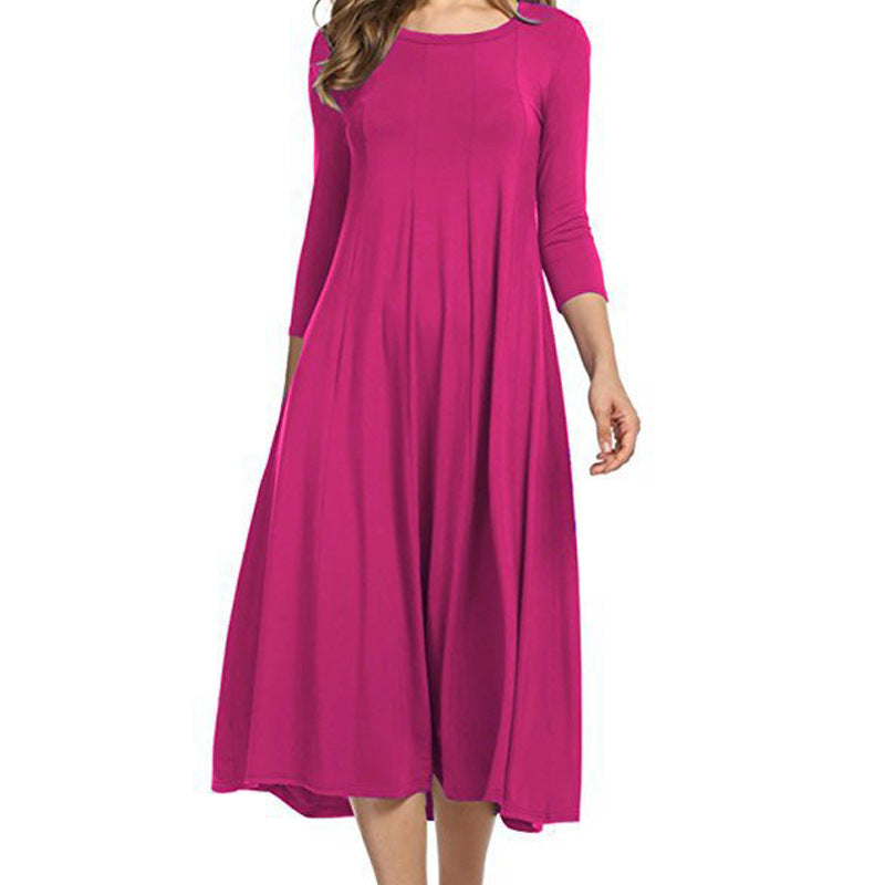 3/4 Sleeve Spring Crew neck Other Other Solid Polyester A-Line Dress Easy Care Knee Length Women