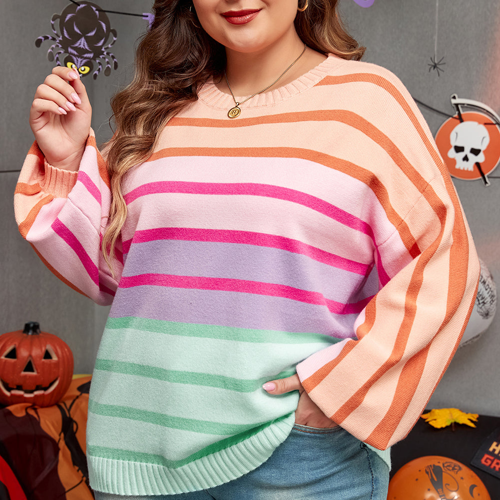 Pink Stripe Color Block Balloon Sleeve Crewneck Plus Size Sweater