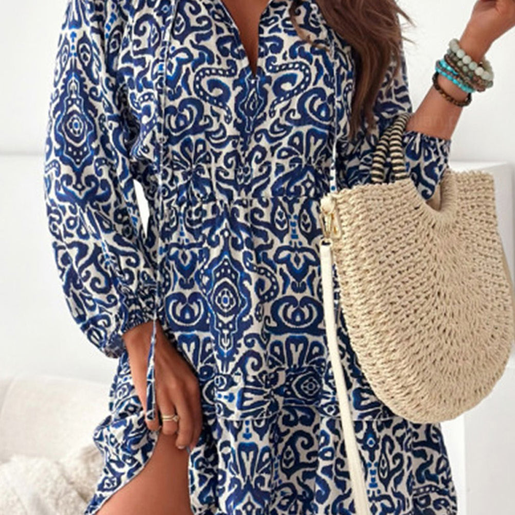 Blue Vintage Print Lace up V Neck Long Sleeve Mini Dress