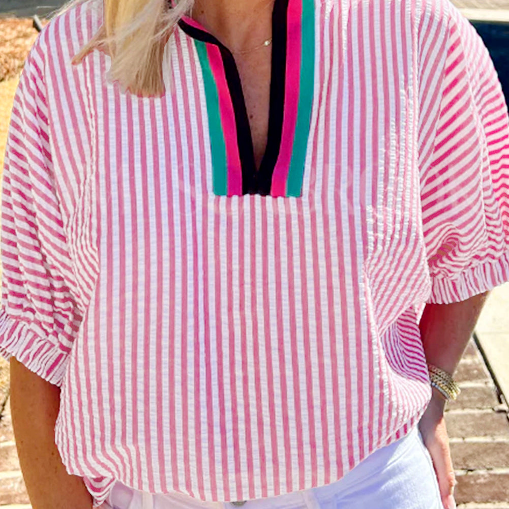 Sachet Pink Striped Print Contrast Split Neck Dolman Sleeve Blouse