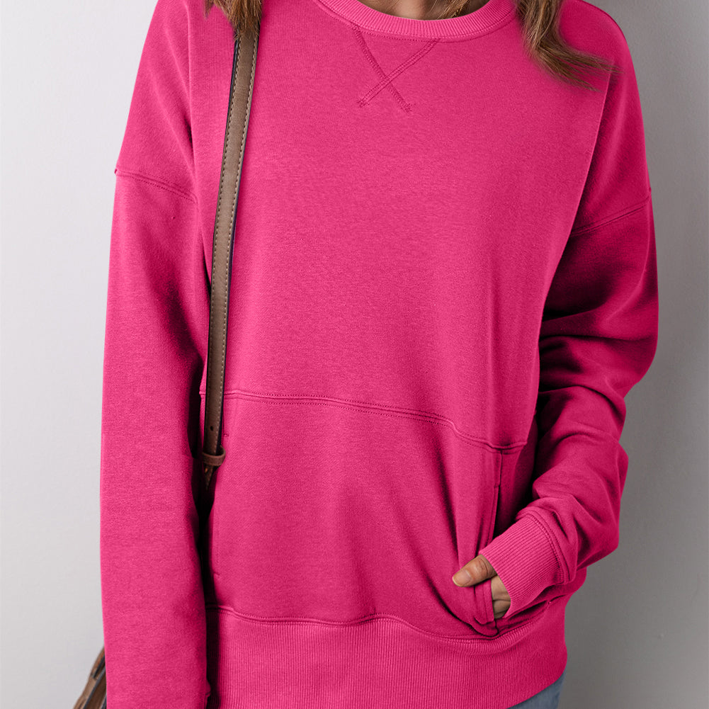 Vineyard Green Drop Shoulder Crisscross Stitching Pocketed Loose Sweatshirt