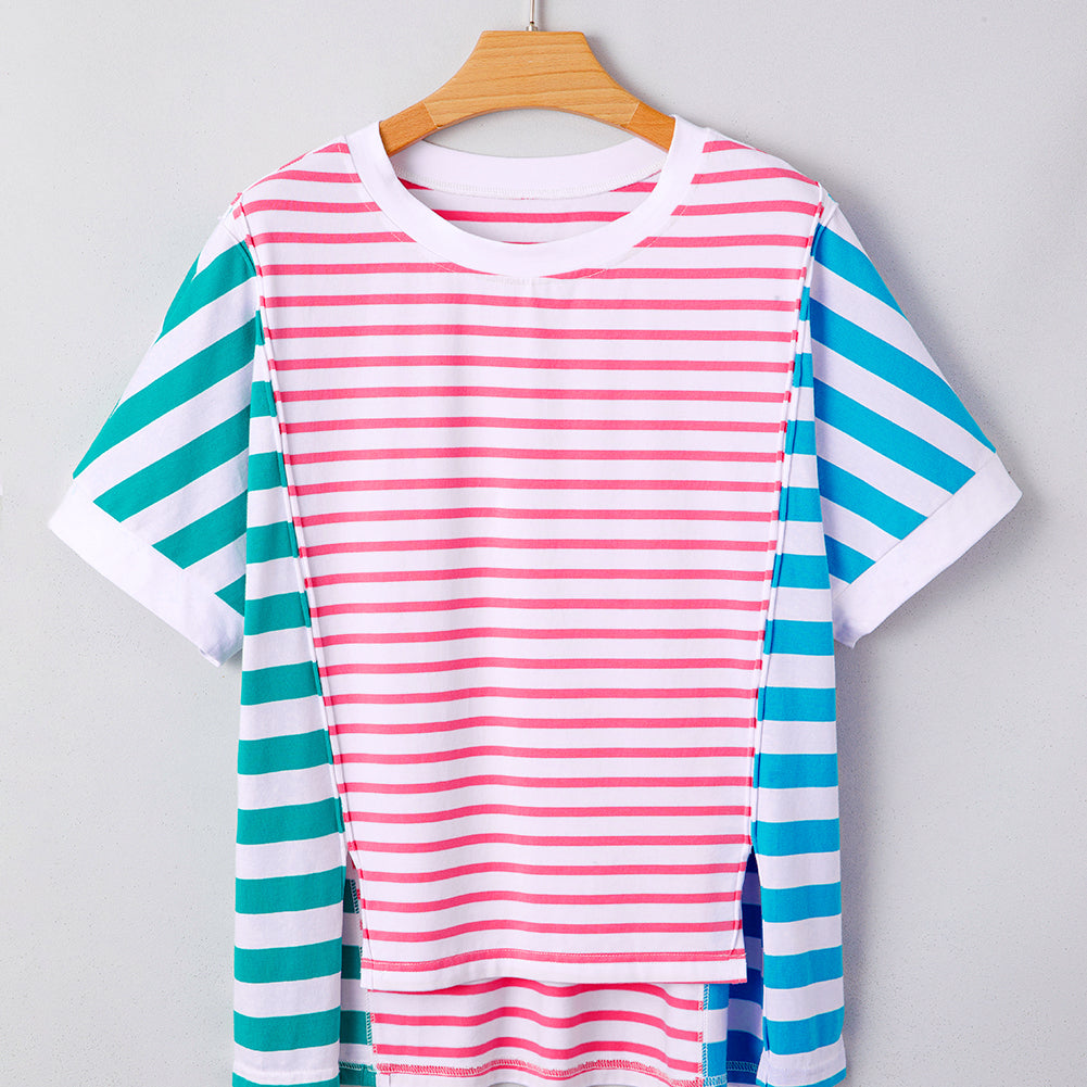 Pink Stripe Mixed Pattern Patchwork Uneven Hem Loose Tee