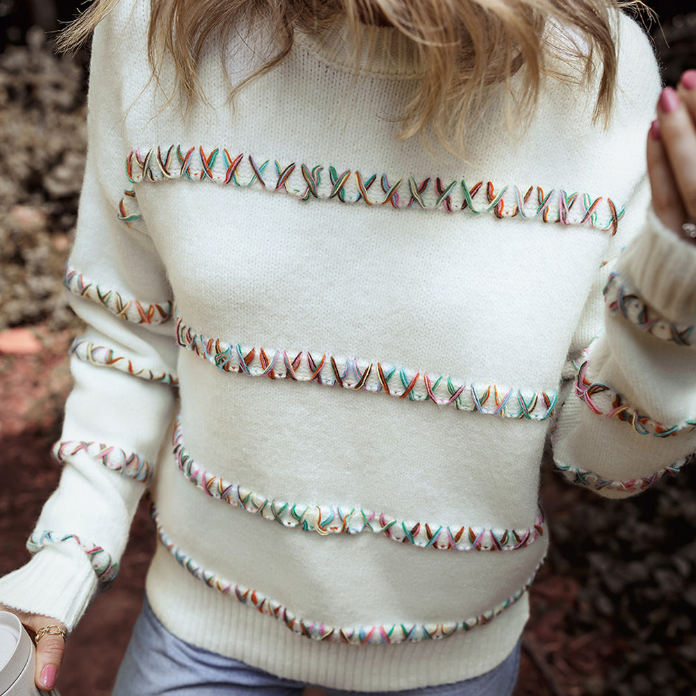 White Colorful Crossed Stitch Drop Shoulder Sweater