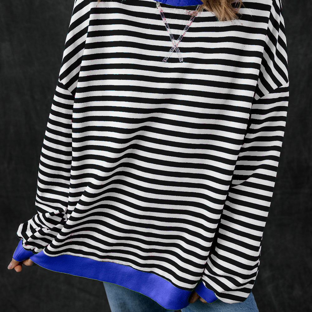 Black Stripe Oversized Contrast Trim Pullover Sweatshirt