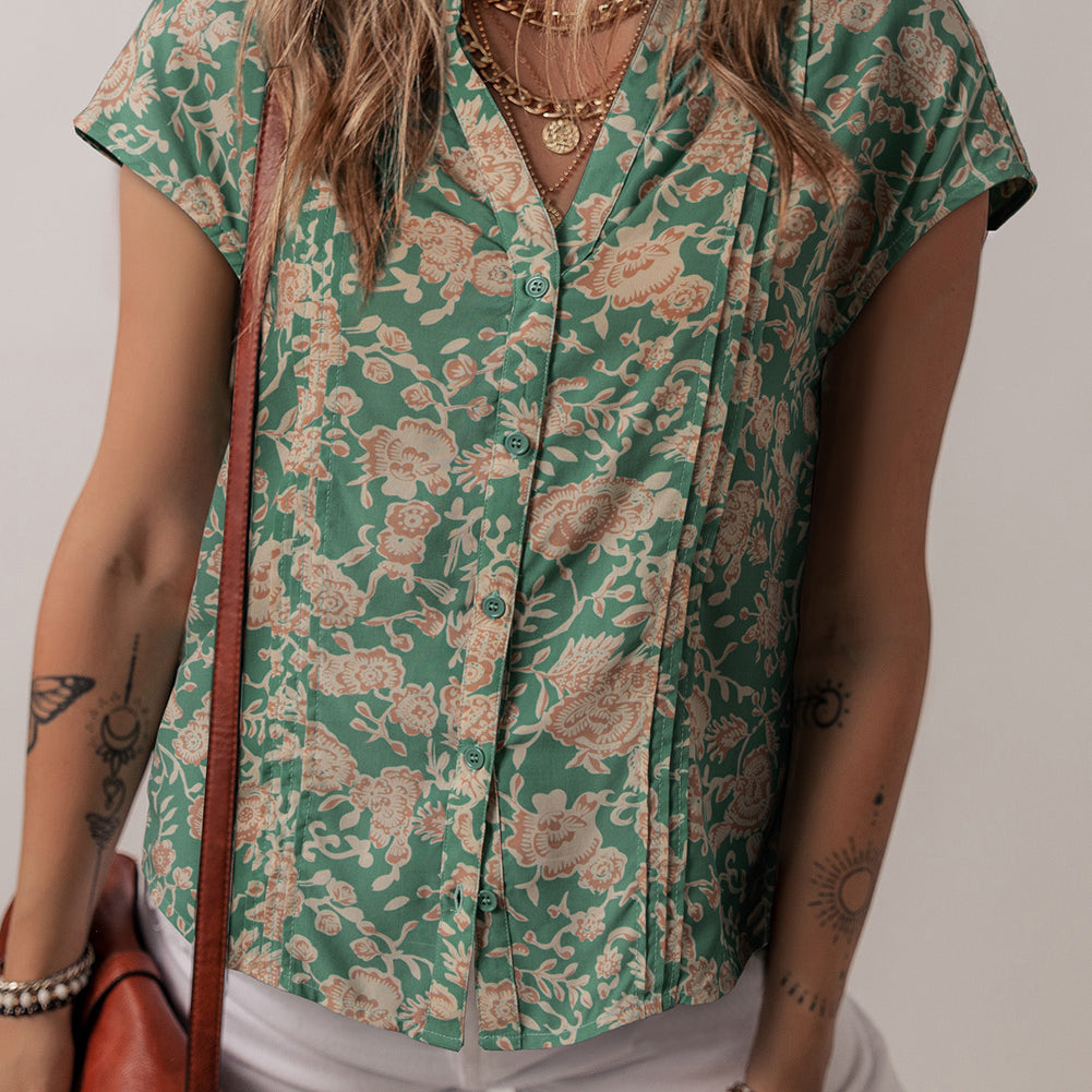 Green Floral Print Pleated Buttoned V Neck Short Sleeve Blouse