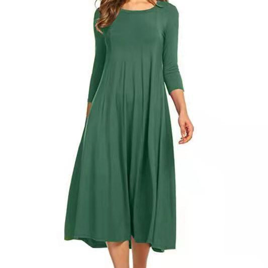 3/4 Sleeve Spring Crew neck Other Other Solid Polyester A-Line Dress Easy Care Knee Length Women