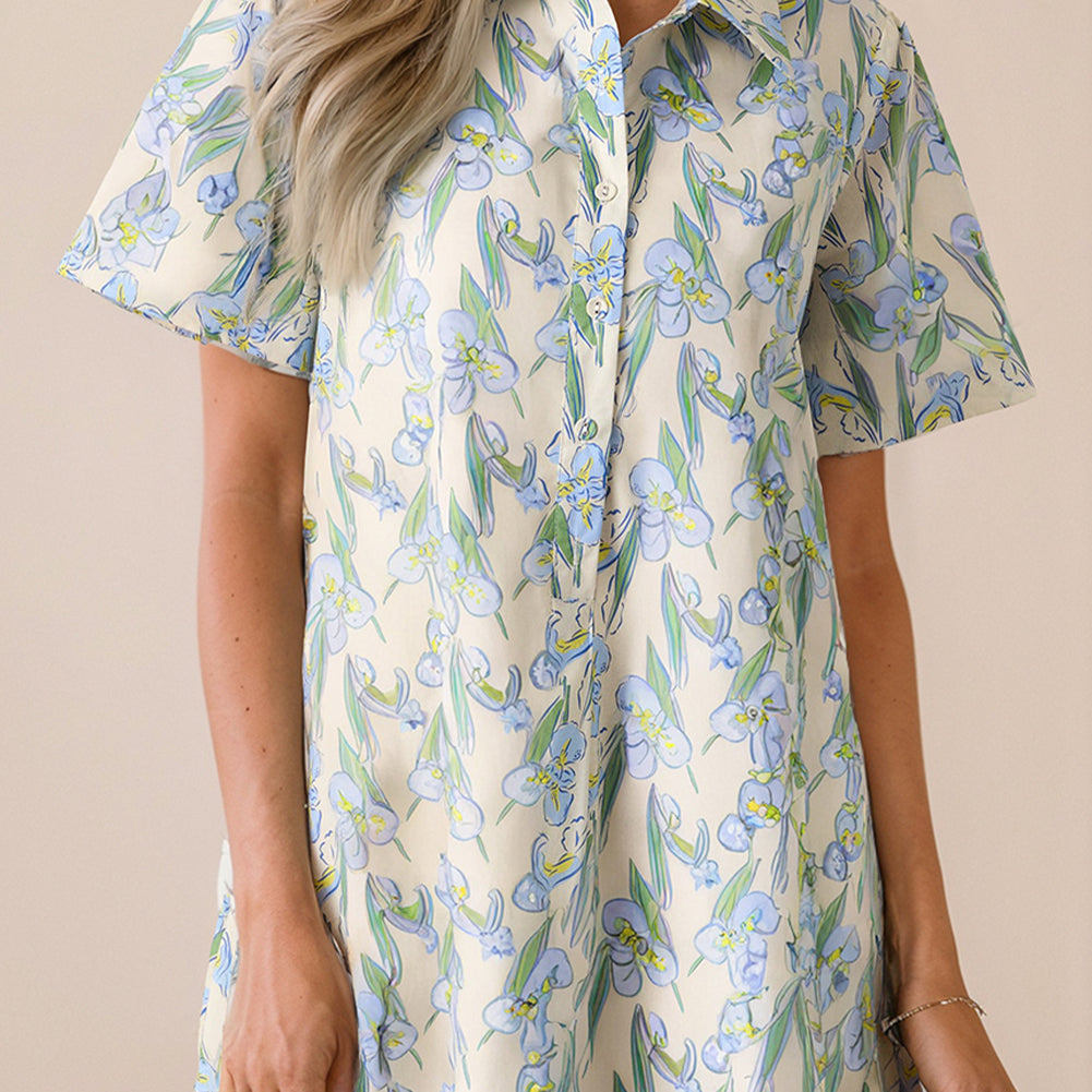 Green Floral Print Shirtcollar Buttoned Short Sleeve Shift Dress