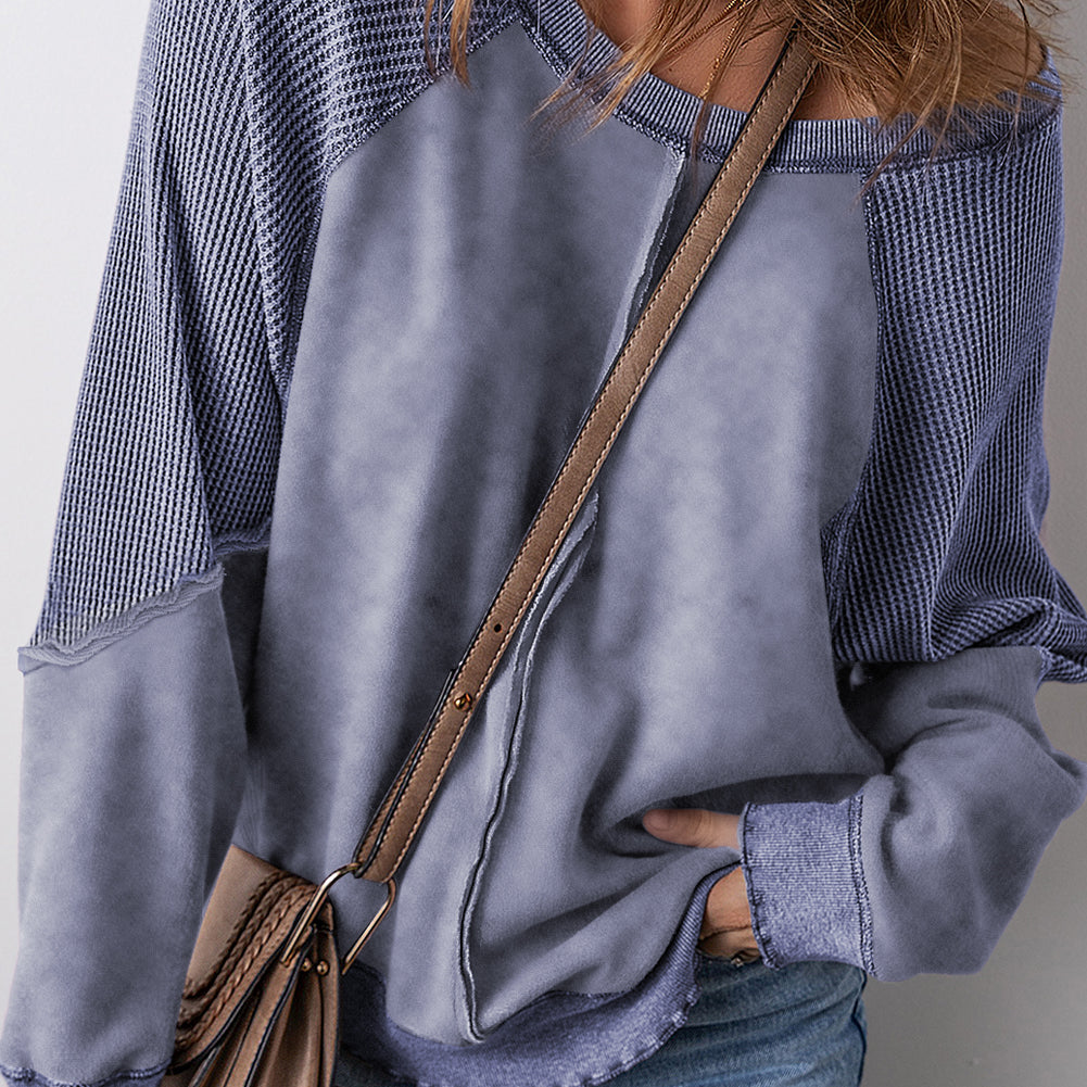 Orchid Petal Solid Waffle Knit Patchwork Raglan Sleeve Sweatshirt