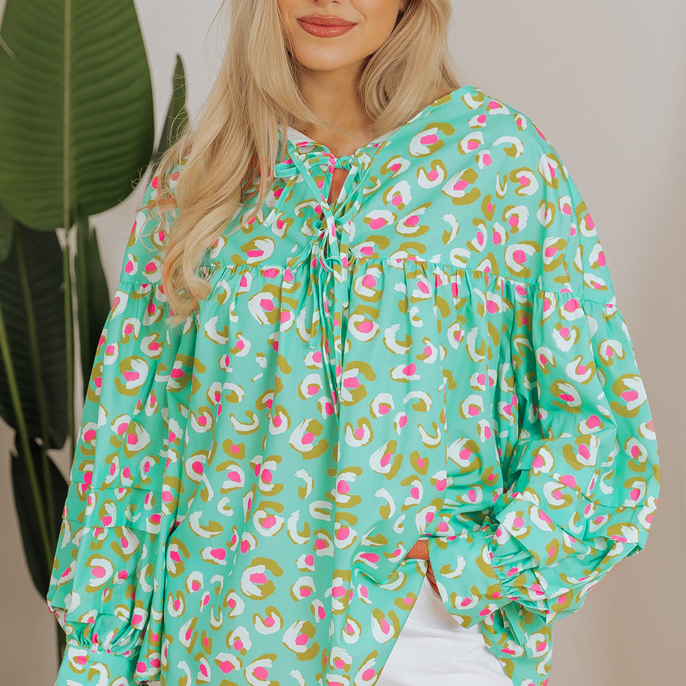 Green Abstract Printed Lace-up Lantern Sleeve Babydoll Blouse