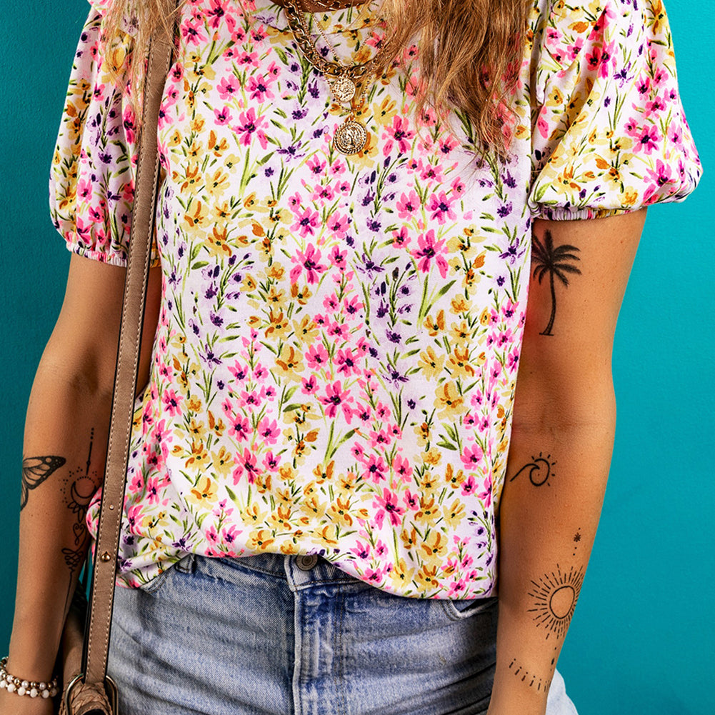 Pink Floral Puff Short Sleeve Crewneck Blouse
