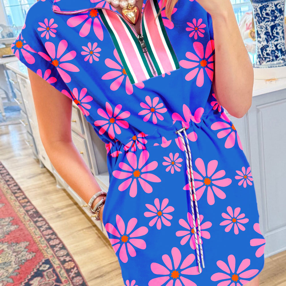 Purple Floral Striped Quarter Zip Cap Sleeve Drawstring Waist Mini Dress