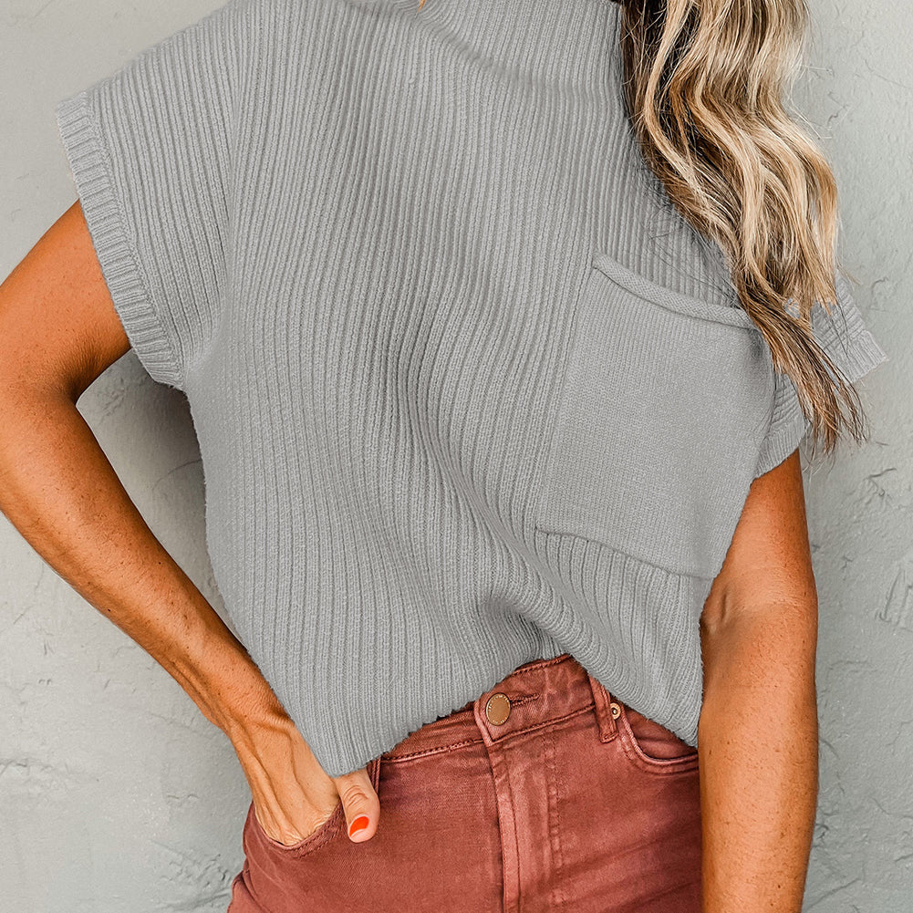 Pink Patch Pocket Ribbed Knit Short Sleeve Sweater