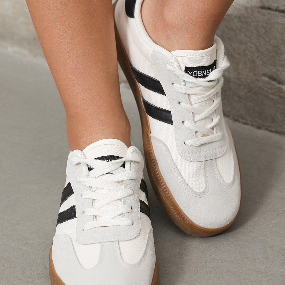 White Striped Lace-up Flat Sneakers