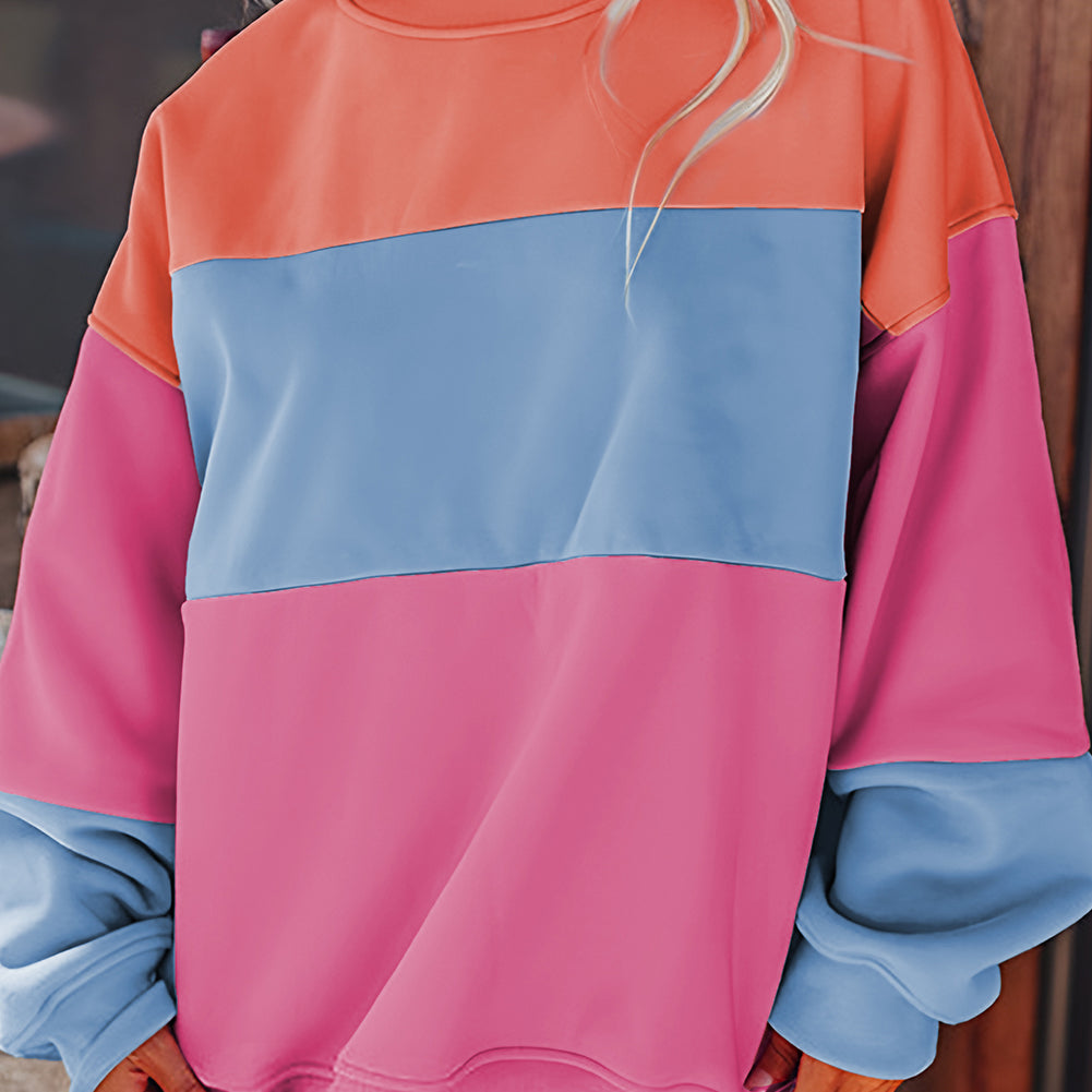 Bright Pink Colorblock Patchwork Drop Shoulder Sweatshirt