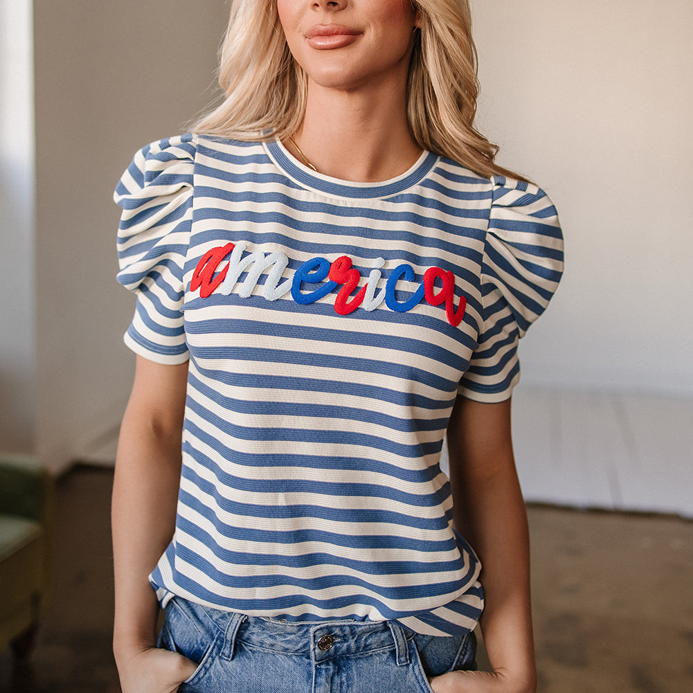 Blue Stripe America Cursive Graphic Puff Sleeve T-shirt