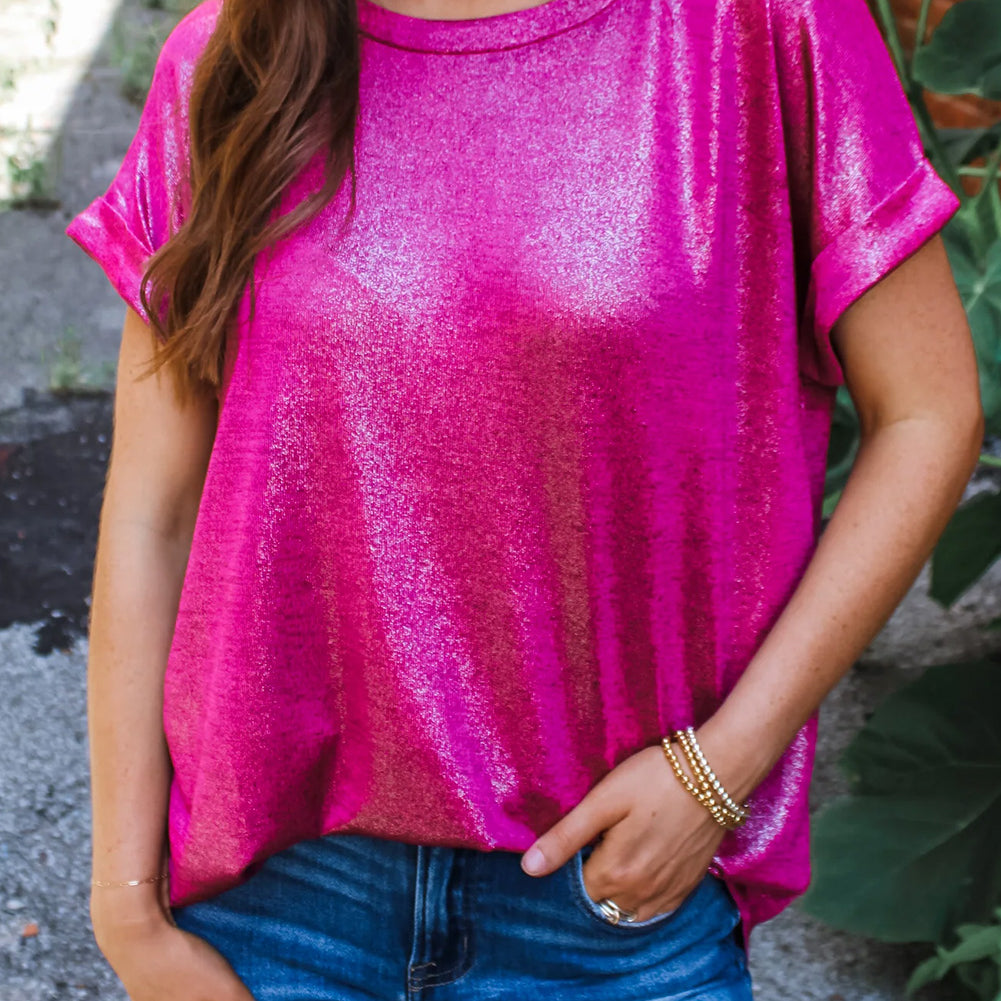 Festival Fuchsia Shine Shimmer Cuffed Short Sleeve Casual Top