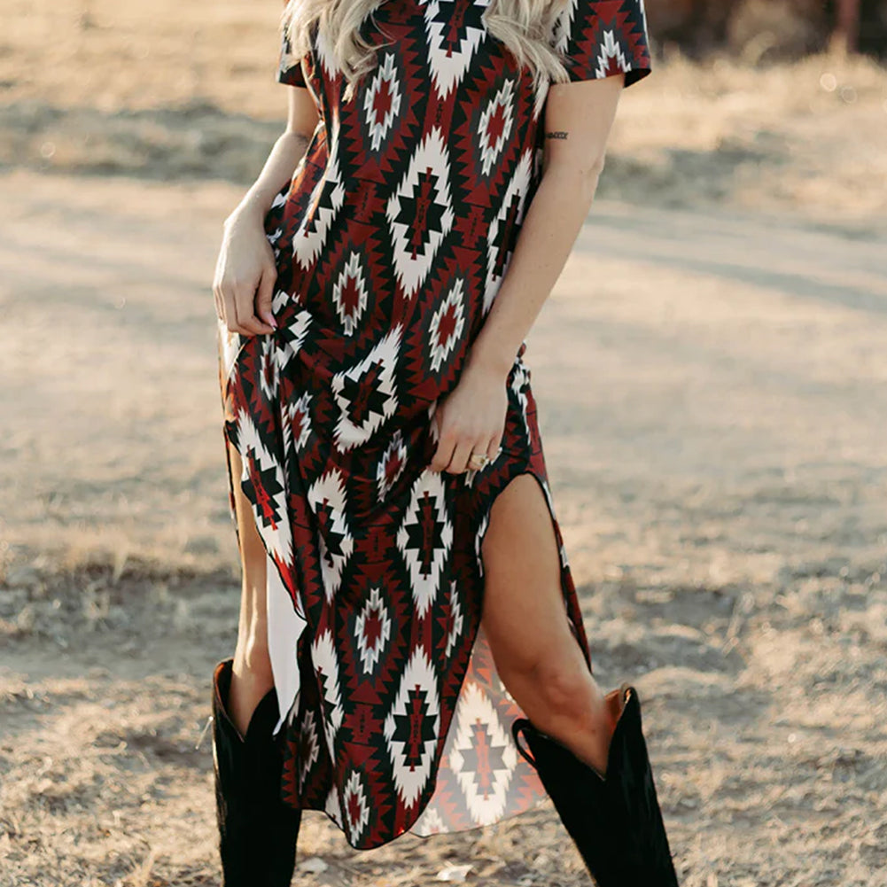 Red Western Aztec Printed Long T-shirt Dress