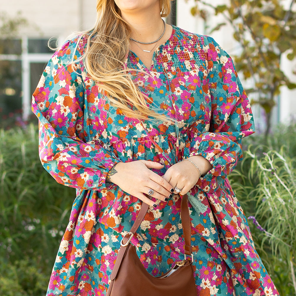 Sky Blue Plus Size Floral Print Shirred Ruffle Tiered Mini Dress