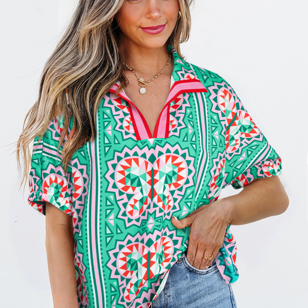 Sea Green Boho Abstract Print Contrast Striped Collared V Neck Blouse