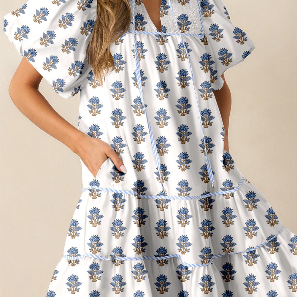 Sky Blue Floral Puff Sleeve Tied Neck Pocketed Mini Dress