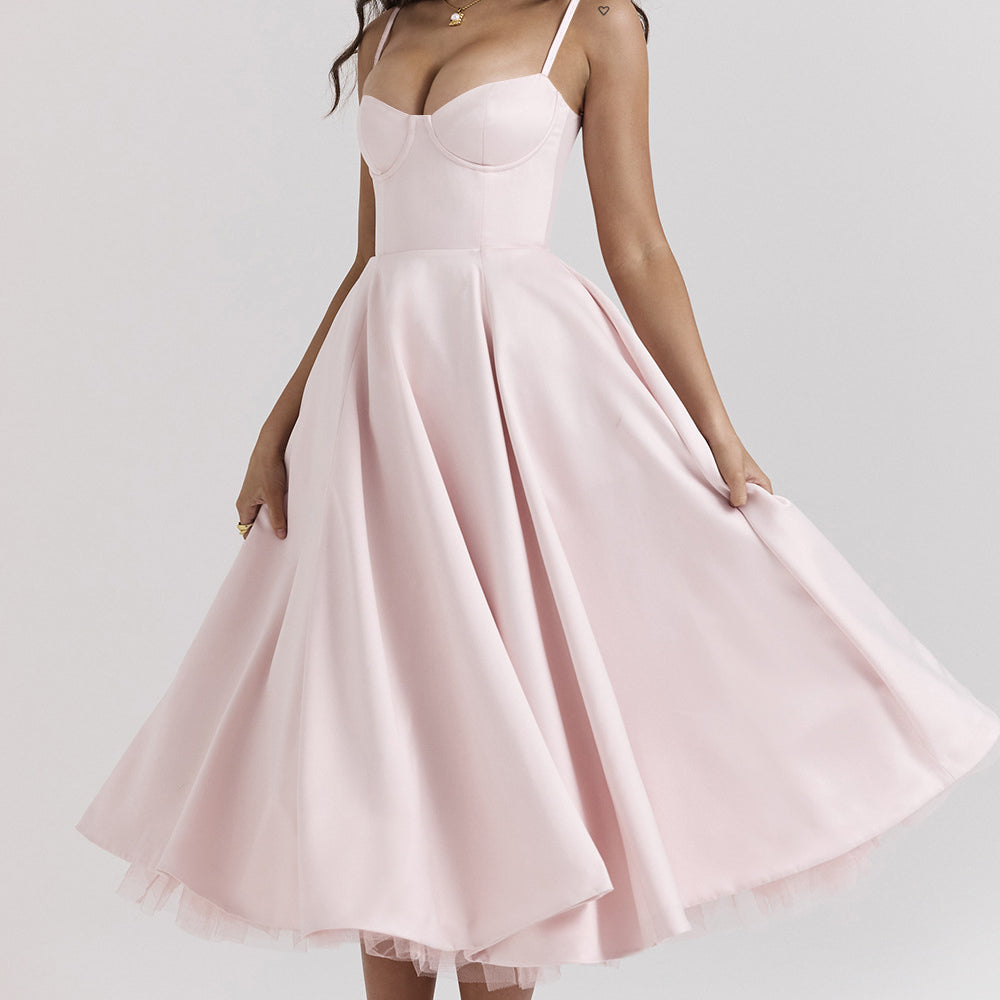 Women Polyester Bandeau Sleeveless Midi A-Line Summer Other Dress None Solid Other