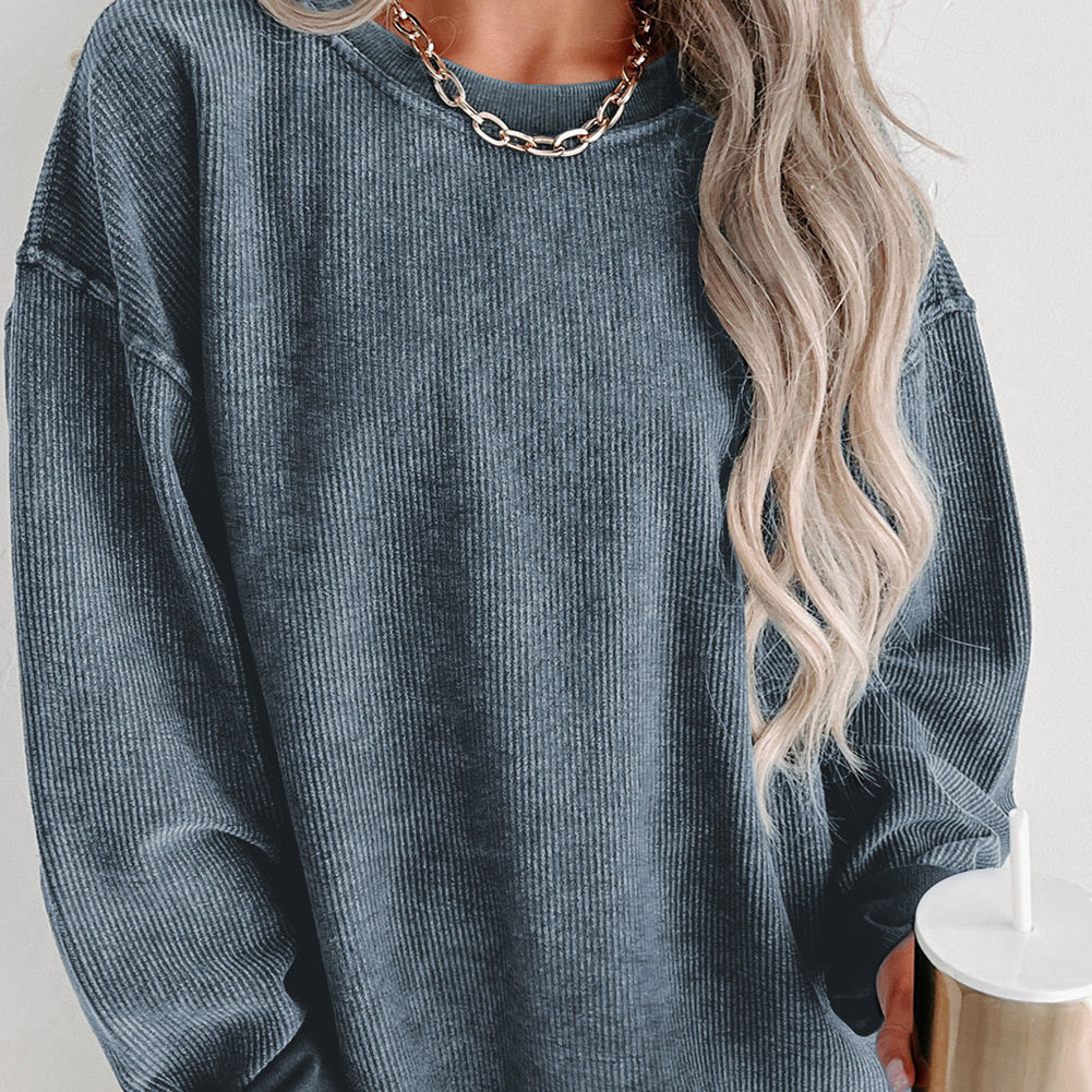 Gray Solid Ribbed Knit Round Neck Pullover Sweatshirt