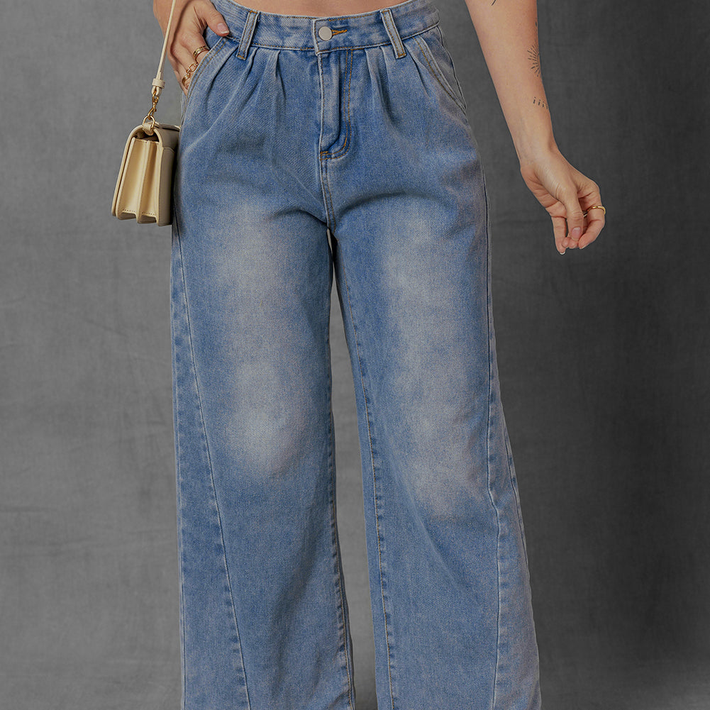 Ashleigh Blue Washed Pleated Detail Wide Leg Jeans