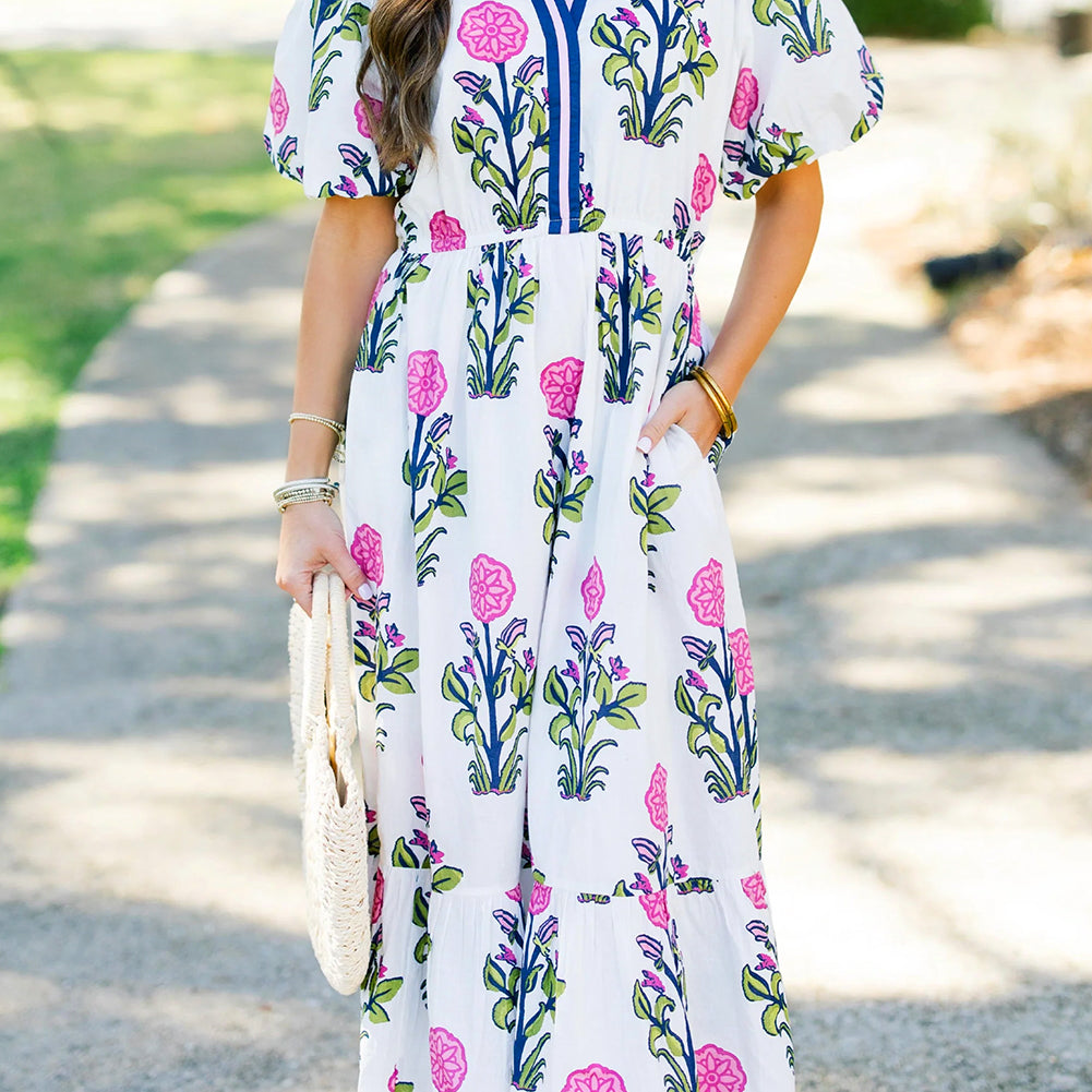 White Floral Puff Short Sleeve V Neck High Waist Maxi Dress