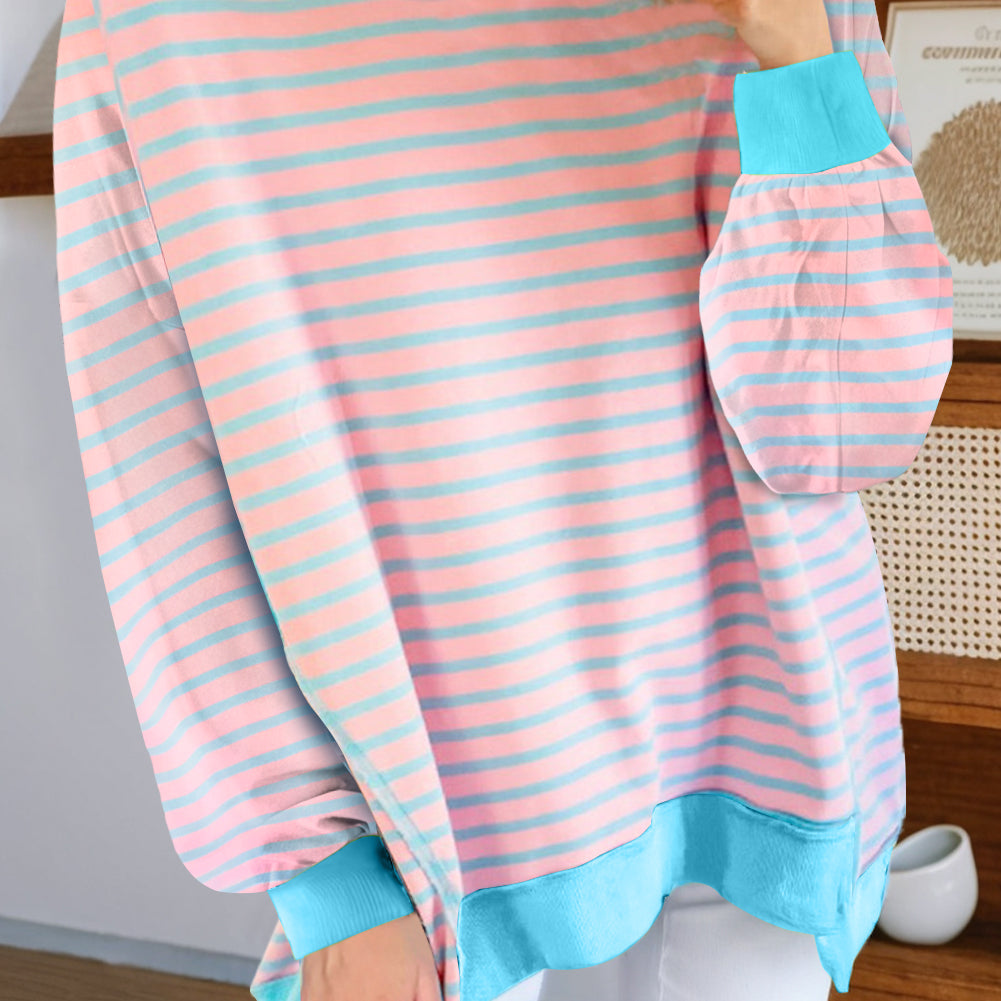 Sky Blue Stripe Contrast Trim High Low Pullover Tunic Sweatshirt