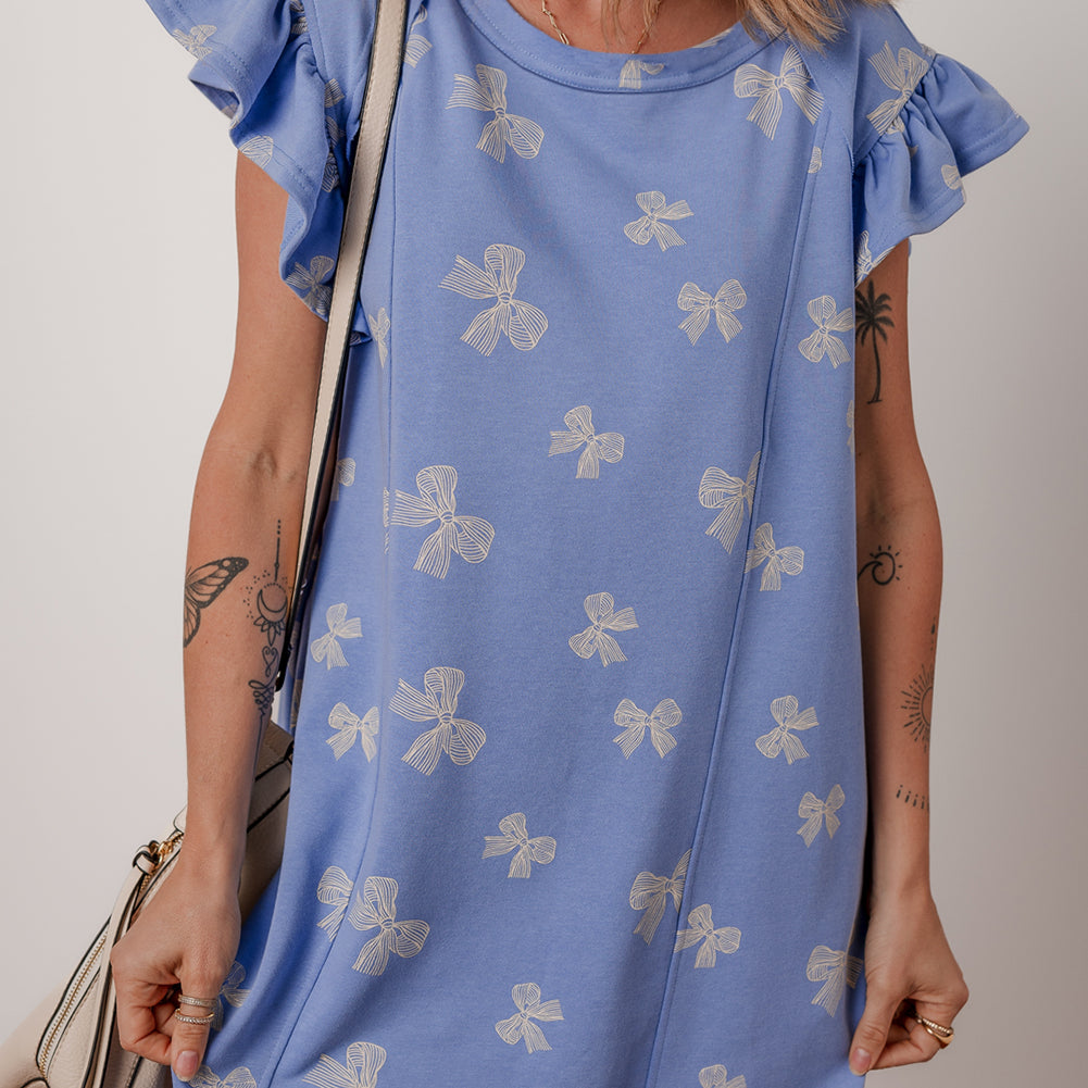 Sky Blue Bow Knot Print Crewneck Ruffled Sleeve Shift Mini Dress