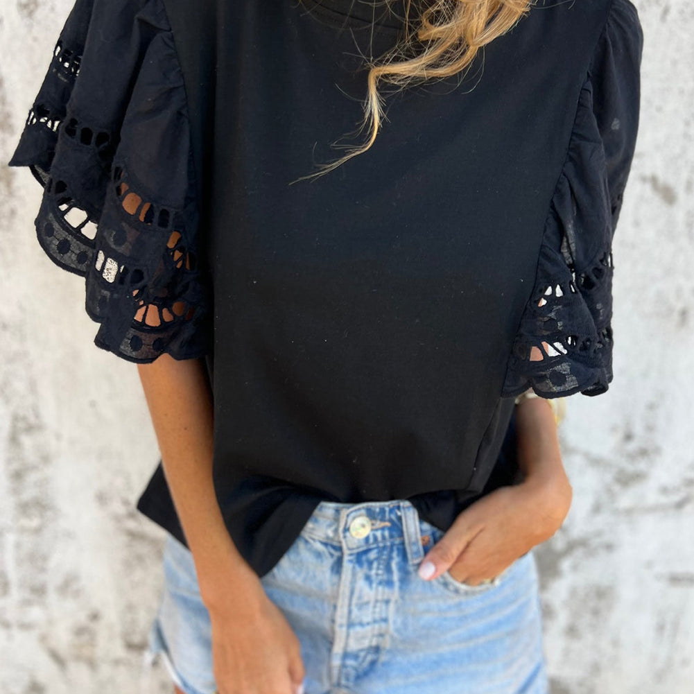 Black Hollow Out Embroidered Short Sleeve O Neck Top