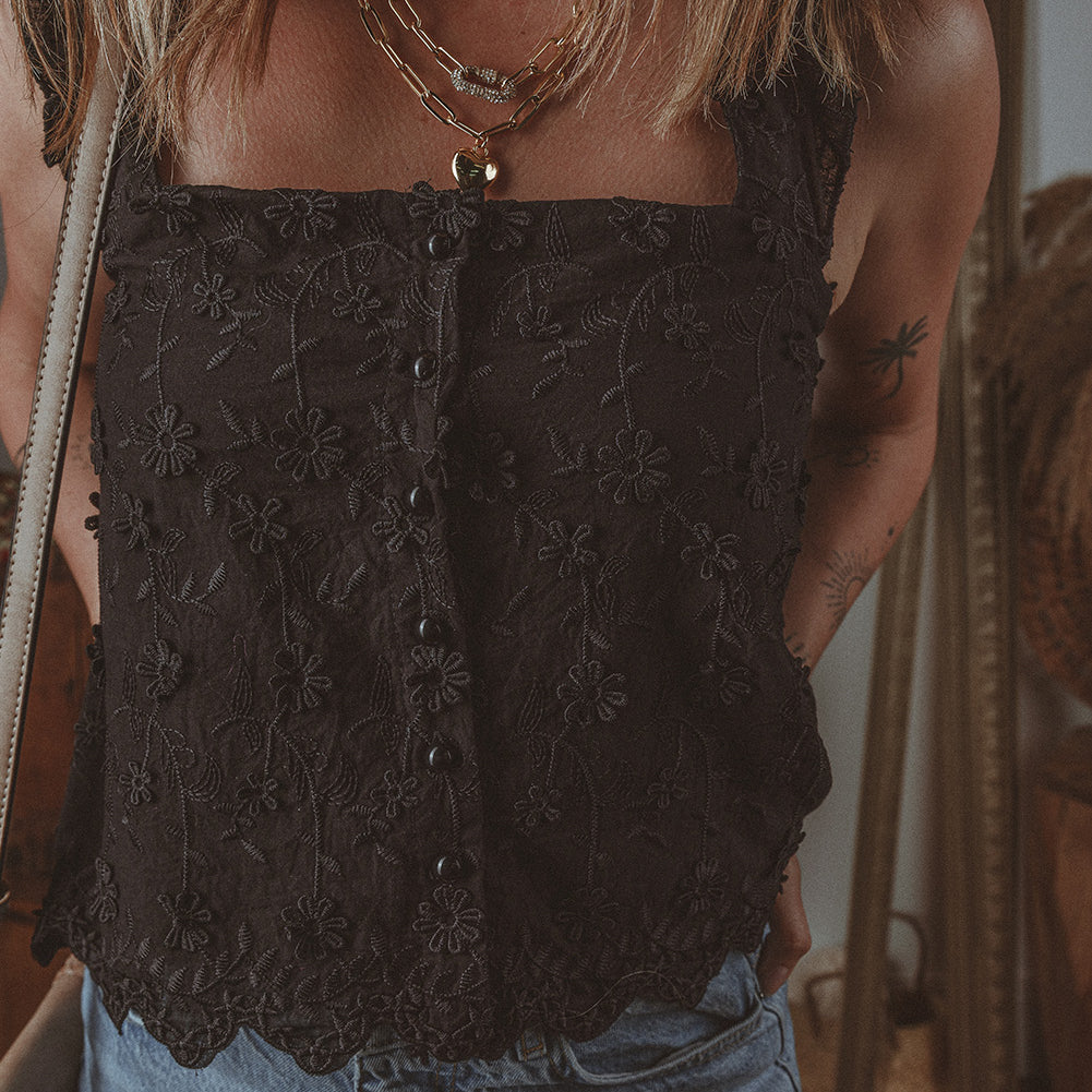 Black Floral Embroidered Buttoned Square Neck Tank Top