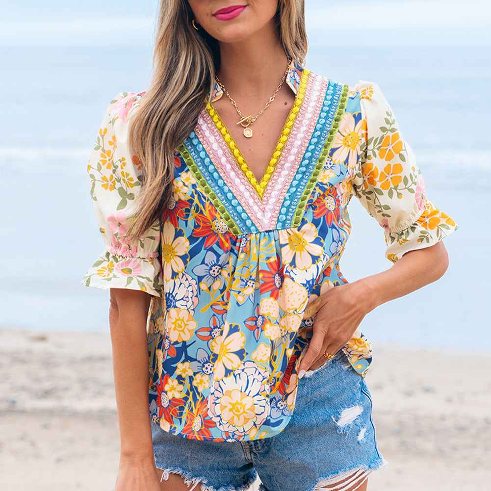 Multicolour Crochet V Neck Half Sleeve Boho Floral Blouse