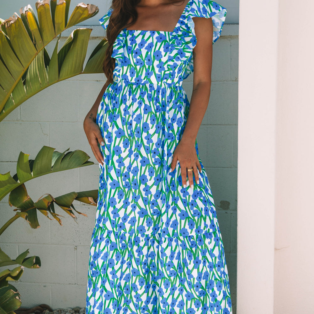 Pink Floral Print Square Neck Ruffled Strap Maxi Dress