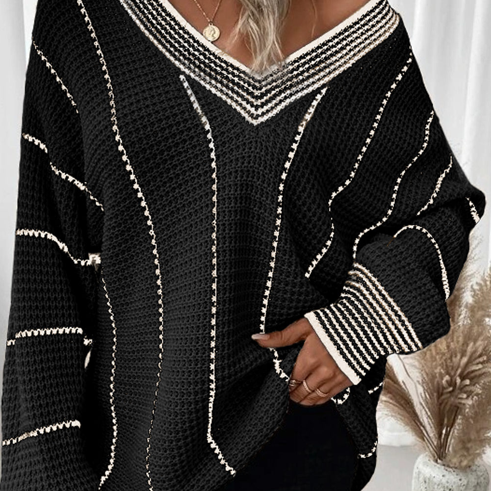 Black Colorblock Striped V Neck Knitted Loose Sweater