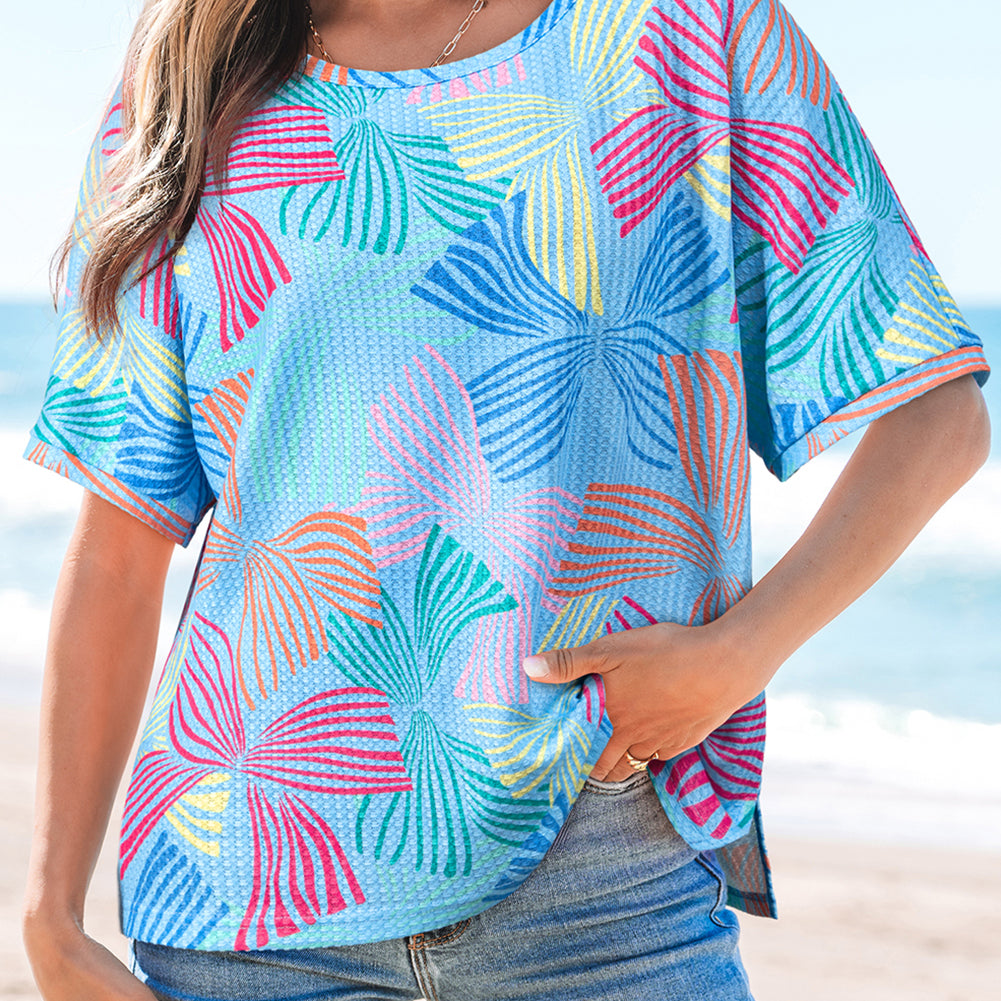 Sky Blue Bowknot Printed Waffle Crewneck Loose Short Sleeve Top