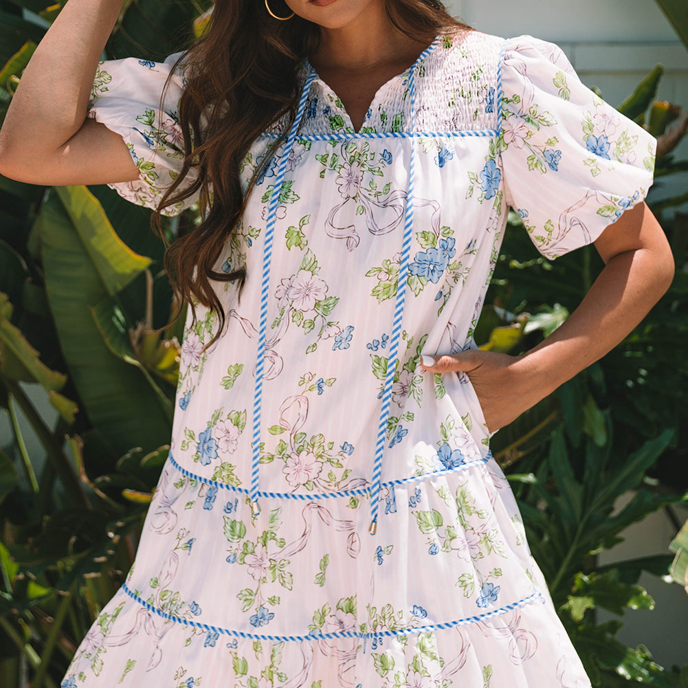 Pink Floral Striped Print Contrast Trim Tie Split Neck Mini Dress