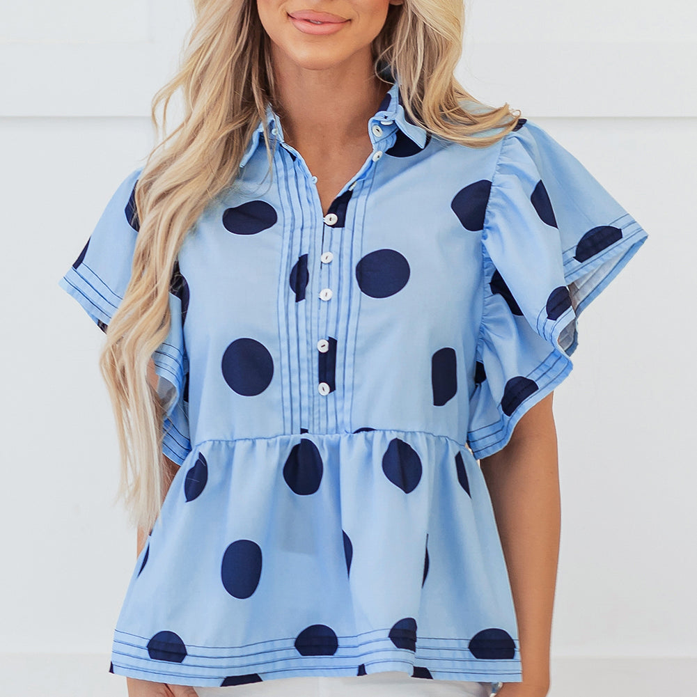 Sky Blue Polka Dot Print Ruffled Short Sleeve Buttoned Collared Blouse