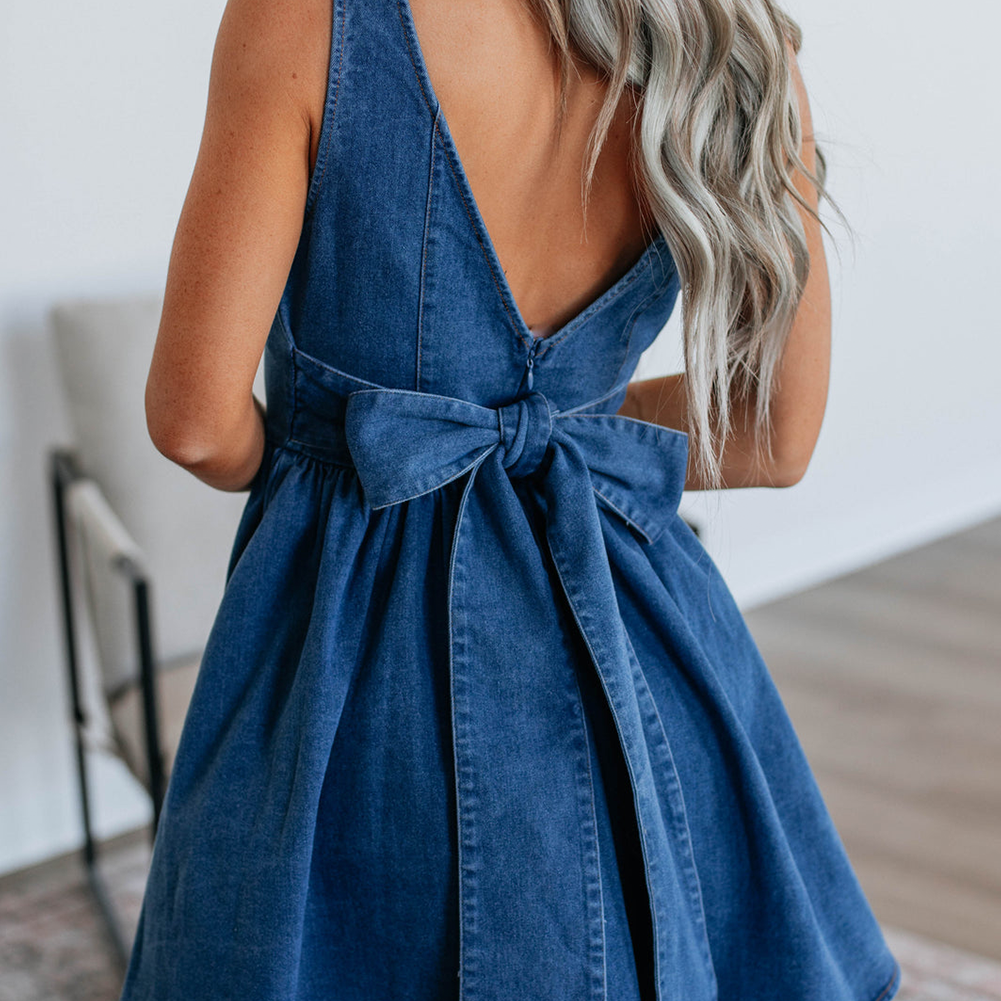 Sail Blue Square Neck Bowknot A-line Sleeveless Denim Dress
