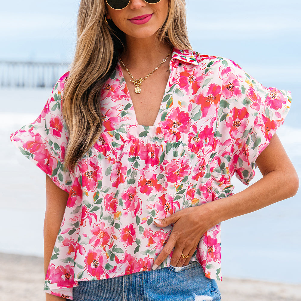Pink Floral Boxy Fit Ruffled Short Sleeve V Neck Blouse